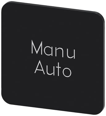 Mærkningsplade til limning på hus, label str. 22x22 mm, sort label, hvid font, inskription: Manu Auto 3SU1900-0AF16-0GT0