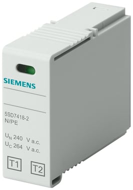 Plug-in del T1 / T2, N-PE, nominel spænding UN 240 V AC UC 264 V AC, kun IIMP 50 kA. 5SD7418-2