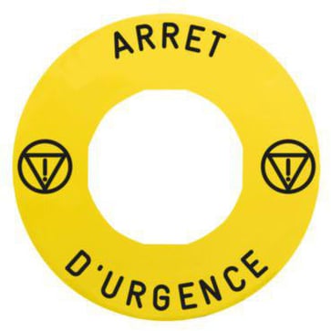 Harmony XB4, Legend holder Ø60 for emergency stop, plastic, yellow, for padlocking, marked ARRET D'URGENCE ZBY9130T