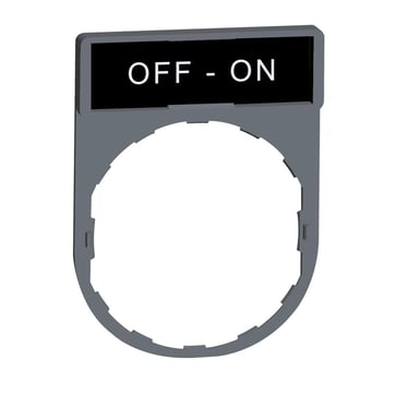 Harmony legend holder in color plated grey 30x40 mm for Ø22 mm pushbuttons with an 8x27 mm legend with the text "OFF-ON" ZBY2367C0