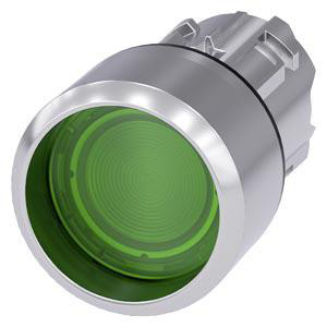 Belyst trykknap, 22 mm, rund, metal, skinnende, grøn, Frontring, hævet, øjeblikkelig kontakttype 3SU1051-0CB40-0AA0