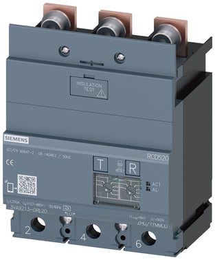 Fejlstrømsmodul RCD520 Basic RCD type A monteret på belastningsside nominel fejlstrøm 0.03-5A tilbehør for: 3VA1 3VA9213-0RL20