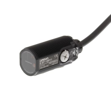 Fotoaftaster, M18 aksial plastlegeme, rød LED, diffus, 100 mm, NPN, L-ON/D-ON vælges, 2 m kabel E3F1-DN11 2M OMI 378936