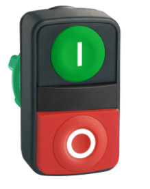 Harmony dobbelt trykknaphoved i plast med en plan grøn og en rød ophøjet trykflade ZB5AL7340