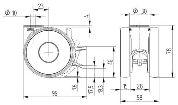 Furniture caster w/ KICK brake, LINEA, polyamide, Ø75mm, precision ball bearing, bolt hole, RAL 9002/9002/7015/7016 00770674