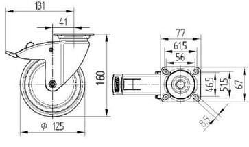 Tente Drejeligt hjul med bremse, supersoft polyuretan, 125 mm, 75 kg, DIN-kugleleje, med plade Byggehøjde: 160 mm. Driftstemperatur:  -20°/+60° 112477102