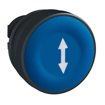 Harmony trykknaphoved i plast med fjeder-retur og plan trykflade i blå farve med hvidt "dobbelt pil" symbol ZB5AA651