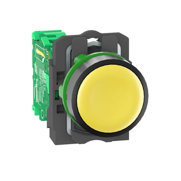 Harmony trådløs trykknap i plast med fjeder-retur og plan trykflade i gul farve og transmitter med 1 signal ZB5RTA5