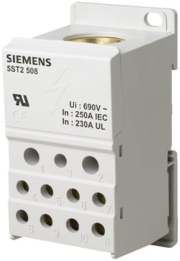 Distributiontavle blok 1-polet, 250 A, 690V Input: 1x 35-120 mm2 Output: 2x2.5-25+5x 2.5-16+4x 2.5-10 mm2 5ST2508