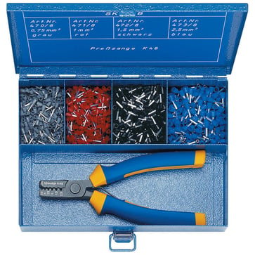 Steel assortment box with insulated cable end sleeves and crimping tool SK45B