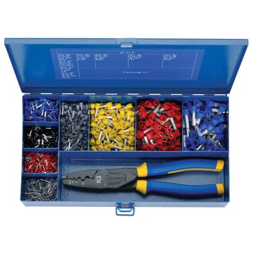 Steel assortment box with insulated cable end sleeves and crimping tool SK47B