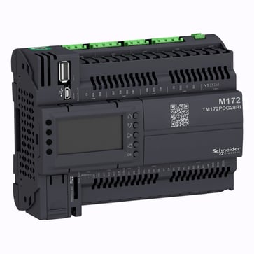 M172 performance kontroller med 28 I/O relæ udgange med display med Ethernet, 1 CAN port & 2 stk. RS485 porte isoleret TM172PDG28RI