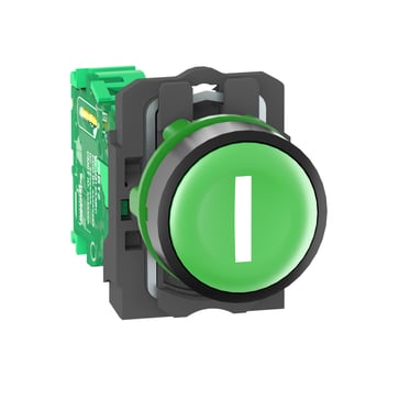 Harmony trådløs trykknap i plast med fjeder-retur og plan trykflade i grøn farve med hvidt "I" og transmitter med 1 signal ZB5RTA331