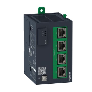 The TMSES4 Ethernet module provides an additional Ethernet interface to the controller.

TMSES4 smart communication module - allows up to 3 additional Ethernet
networks:
- 4x RJ45 switched ports as hub
- IIoT-ready
- Network isolation
- Ethernet Gigabyte TMSES4