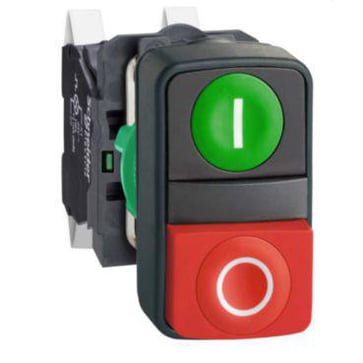 Harmony XB5, Double-headed push button, plastic, Ø22, 1 green flush marked I + 1 red projecting marked O, spring clamp terminal, 1 NO + 1 NC XB5AL734155