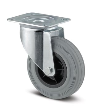 Tente Drejeligt hjul, grå massiv gummi, Ø160 mm, 135 kg, rulleleje, med plade Byggehøjde: 200 mm. Driftstemperatur:  -20°/+60° 113470073