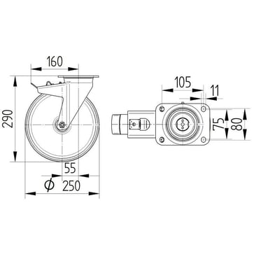 Swivel wheel w/ brake, polyamide, Ø125 mm, 700 kg, precision ball bearing, with plate 00803612