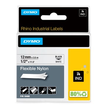 DYMO Rhino industri tape fleksibel nylon sort på hvid 12mmx3,5m 18488