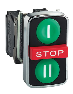 Harmony triple push button complete with white "I" on green touch pad + STOP in red + white "II" on green touch pad 1xNO + 1xNC, XB4BA731327 XB4BA731327