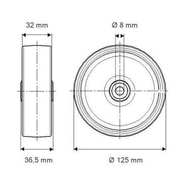 Tente Løs hjul, grå gummi, Ø125x32 mm, Ø8,3xNL36,5 DIN-kugleleje, 100 kg, Rustfri Byggehøjde: 125 mm. Driftstemperatur:  -20°/+60° 00036478
