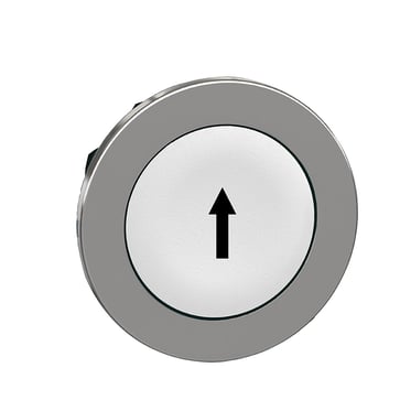 Harmony flush trykknaphoved i metal med fjeder-retur og plan trykflade i hvid farve med sort "pil op" symbol ZB4FA334