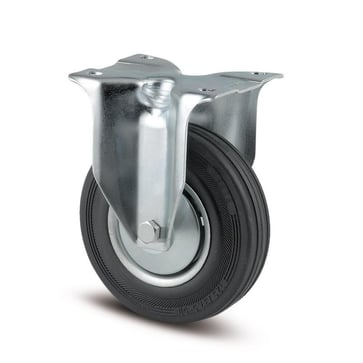 Tente Fast hjul, stålfælg, sort massiv gummi, 200 mm, 200 kg, rulleleje, med plade  Byggehøjde: 240 mm. Driftstemperatur:  -20°/+60° 00000479