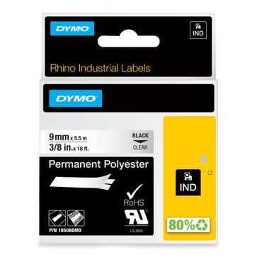 DYMO Rhino Industrial Tape Permanent Polyester 9mmx5.5m black on clear 18508DMO