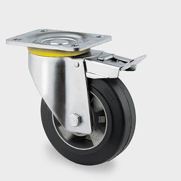 Drejeligt hjul m/ bremse, sort elastisk gummi, Ø200 mm, 450 kg, DIN-kugleleje, med plade Byggehøjde: 240 mm. Driftstemperatur:  -20°/+85° 00004237