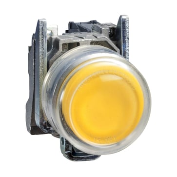 Harmony trykknap komplet med fjeder-retur i gul farve og gennemsigtig silikonekappe 1xNO XB4BP51
