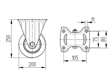 Tente Fast gaffel, grå gummi, Ø200 mm, DIN-kugleleje, med plade Byggehøjde: 250 mm. Driftstemperatur:  -20°/+80° 00833597