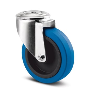 Tente Drejeligt hjul, elastik gummi, blå, Ø100 mm, 160 kg, rulleleje, med bolthul Byggehøjde: 128 mm. Driftstemperatur:  -20°/+80° 00061097