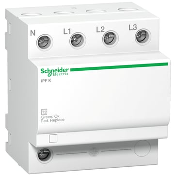 Surge arrester / transient protection iPF 40kA 340V 3PN for home panels with TT or TN-S system, mounting in the board and must be replaced by red indication A9L15688