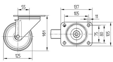 Tente Drejeligt hjul, polyuretan, 125 mm, 300 kg, DIN-kugleleje, med plade Byggehøjde: 160 mm. Driftstemperatur:  -40°/+60° 113470008