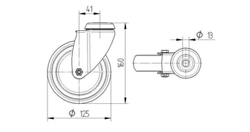 Tente Drejeligt hjul, grå gummi, Ø125 mm, 100 kg, DIN-kugleleje, med bolthul Rustfri Byggehøjde: 160 mm. Driftstemperatur:  -20°/+60° 00036341
