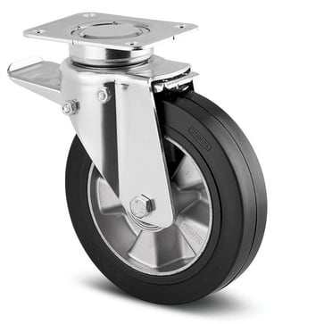 Swivel wheel w/ brake, black elastic rubber, Ø125 mm, 300 kg, precision ball bearing, with plate 113642026