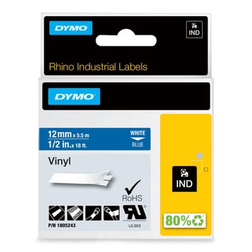 DYMO Rhino industri tape vinyl 12mmx5,5m rulle hvid på blå selvklæbende 1805243