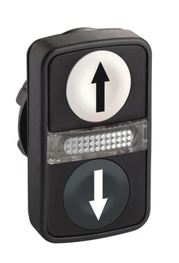 Harmony dobbelt trykknaphoved i plast for LED med en hvid pil på sort flade (ned) og en sort pil på hvid flade (op) ZB5AW7A1724