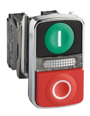 Harmony double pushbutton complete with LED and green pushbutton with white "I" and red raised pushbutton with white "O" 1xNO + 1xNC 230-240VAC, XB4BW73731M5 XB4BW73731M5