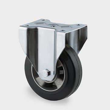Fast hjul, sort elastisk gummi, Ø200 mm, 450 kg, DIN-kugleleje, med plade Byggehøjde: 240 mm. Driftstemperatur:  -20°/+85° 00004234