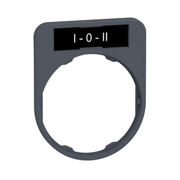 Harmony legend holder in color plated grey 40x50 mm for flush mounted pushbuttons with 8x27 mm legend with the text "I-O-II" ZBYF2186C0