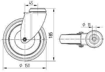 Tente Drejeligt hjul, supersoft polyuretan, 150 mm, 75 kg, DIN-kugleleje, med bolthul Byggehøjde: 160 mm. Driftstemperatur:  -20°/+60° 00032494