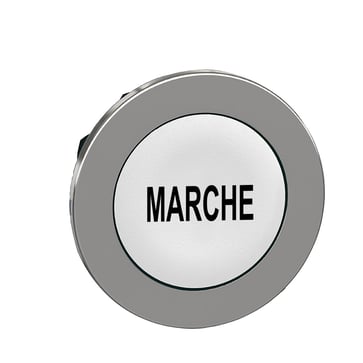 Harmony flush trykknaphoved i metal med fjeder-retur og plan trykflade i hvid farve med sort "MARCHE" ZB4FA142