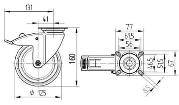 Tente Drejeligt hjul med retningsbremse, gummi, Ø125 mm, 100 kg, DIN-kugleleje, med plade Byggehøjde: 160 mm. Driftstemperatur:  -20°/+60° 112471064