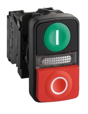 Harmony double pushbutton complete with LED and green pushbutton with white "I" and red raised pushbutton with white "O" 1xNO + 1xNC 24VAC / DC, XB5AW73731B5 XB5AW73731B5