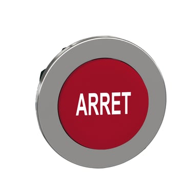 Harmony flush trykknaphoved i metal med fjeder-retur og ophøjet trykflade i rød farve med hvidt "ARRET" ZB4FL433