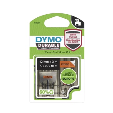 DYMO D1 Durable tape sort på orange 12mmx3m 1978367