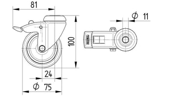 Tente Drejeligt hjul m/ bremse, grå gummi, Ø75 mm, 75 kg, DIN-kugleleje, med bolthul Rustfri Byggehøjde: 100 mm. Driftstemperatur:  -20°/+60° 00037780