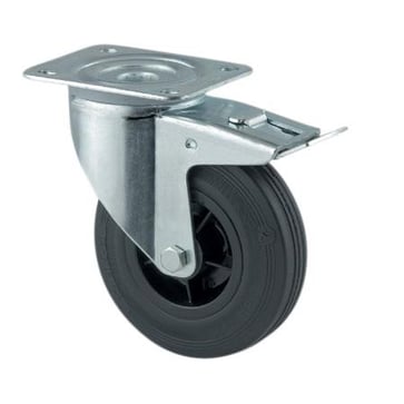 Drejeligt hjul m/ bremse, sort massiv gummi, Ø100 mm, 75 kg, rulleleje, med plade  Byggehøjde: 128 mm. Driftstemperatur:  -20°/+60° 00001423