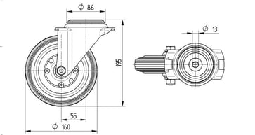Tente Drejeligt hjul, sort massiv gummi, Ø160 mm, 135 kg, rulleleje, med bolthul Byggehøjde: 200 mm. Driftstemperatur:  -20°/+60° 113470253