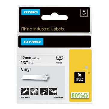 DYMO Rhino industri tape vinyl sort på hvid 12mmx5,5m 18444